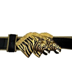 Vintage Doncaster Leather Belt with Double Gold Zebras Buckle Women's Size Small